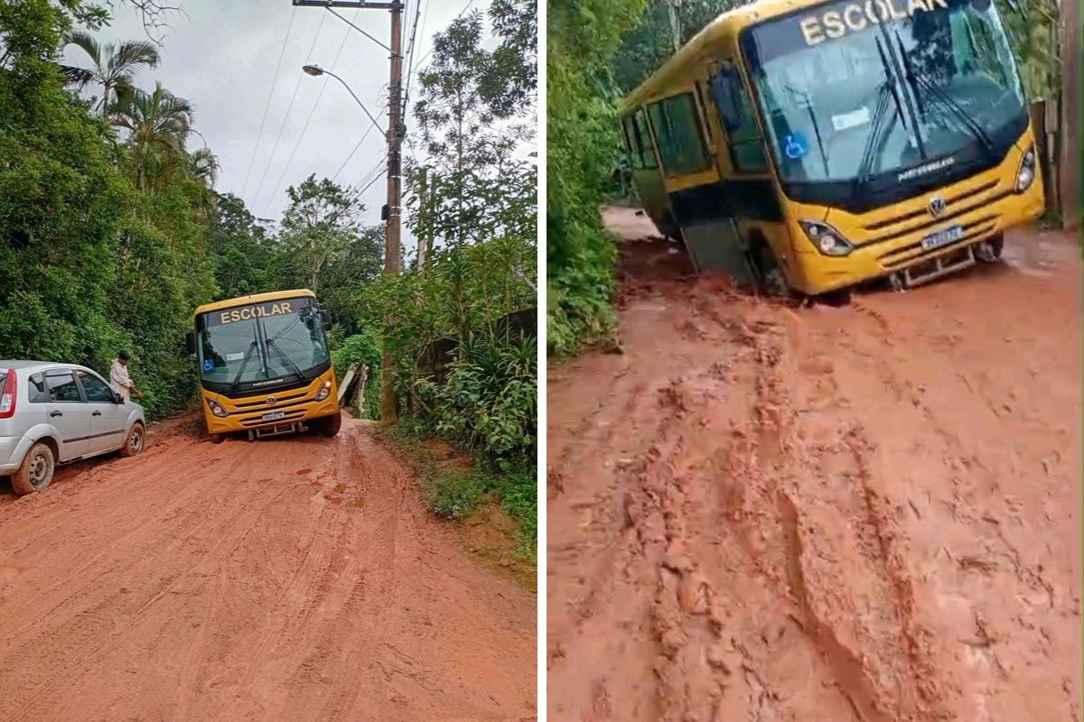 Ônibus escolar atola em Ubatuba após chuvas intensas no litoral de São Paulo