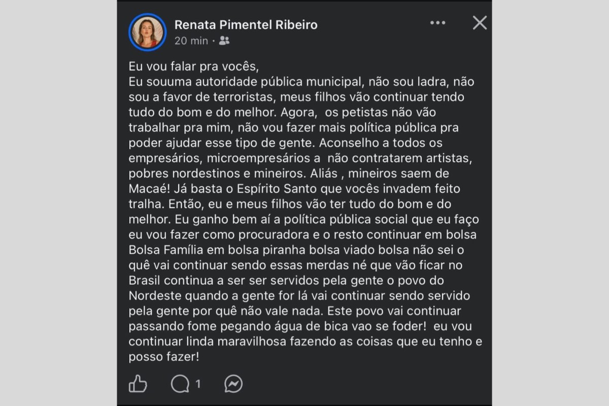 Procuradora de Macaé é investigada após post ofensivo contra nordestinos