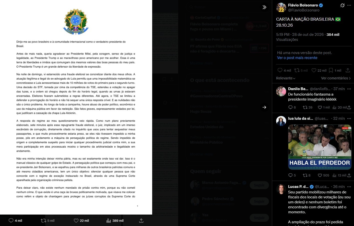 Carta de Flávio Bolsonaro nos Estados Unidos provoca forte reação no Senado