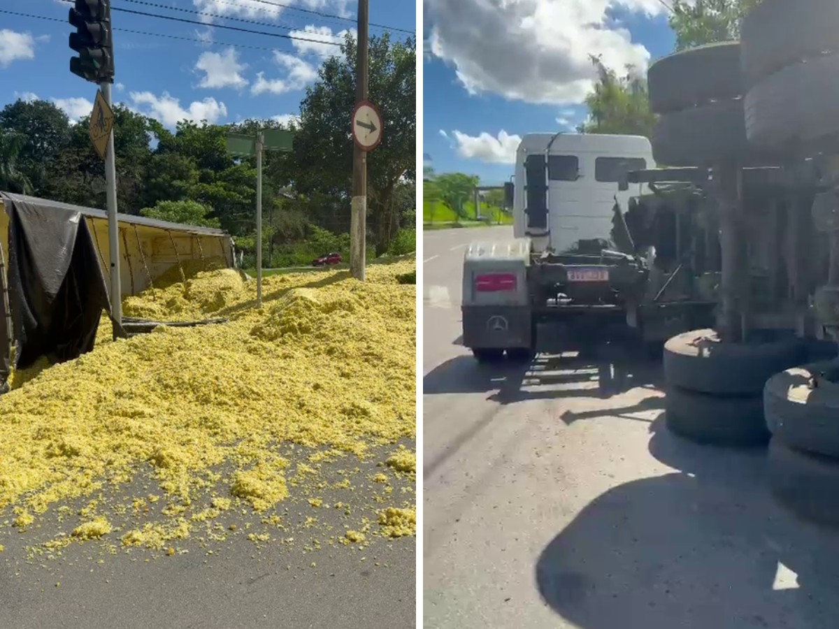 Carreta tombada em Limeira espalha bagaço de laranja em rotatória