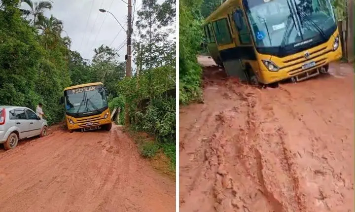 Ônibus escolar atola em Ubatuba após chuvas intensas no litoral de São Paulo