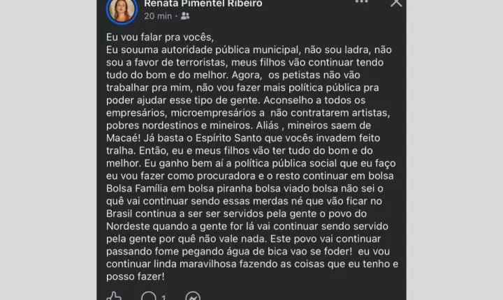 Procuradora de Macaé é investigada após post ofensivo contra nordestinos