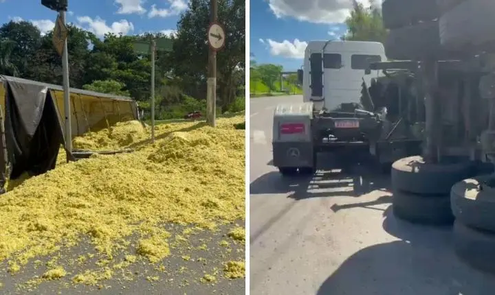 Carreta tombada em Limeira espalha bagaço de laranja em rotatória