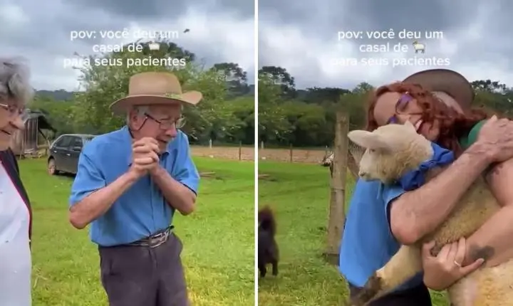 Fisioterapeuta emociona paciente idoso com carneirinhos de presente no Paraná